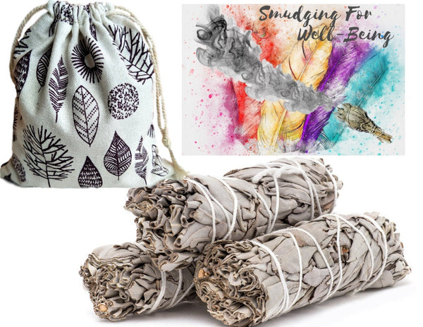Sage Smudge Stick Set Bundle of 3 & Sage Leaves Storage Bag, Premium White California, 4" Smudging Sticks, Guidance Card, Positive Vibes!
