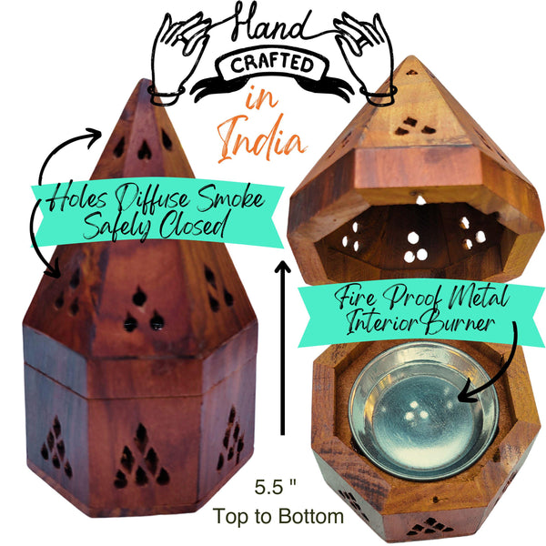 Resin Incense Burner Kit Starter Set, Natural Wood Incense Holder 5.5" ~ Hand-Crafted Incense Burner w/ Copal Resin & Frankincense Resin