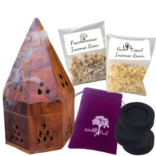 Resin Incense Burner Kit Starter Set, Natural Wood Incense Holder 5.5" ~ Hand-Crafted Incense Burner w/ Copal Resin & Frankincense Resin