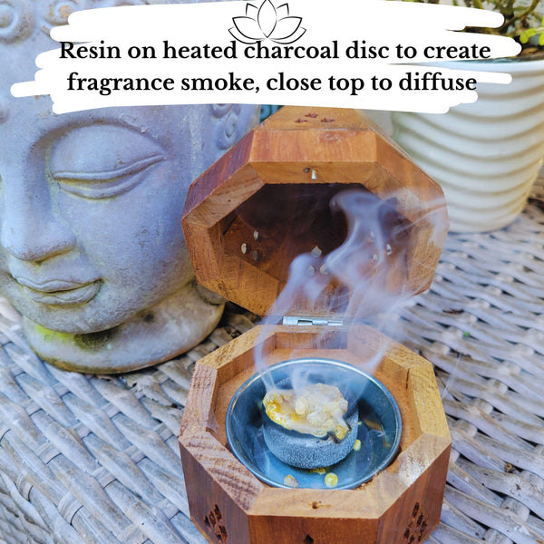 Resin Incense Burner Kit Starter Set, Natural Wood Incense Holder 5.5" ~ Hand-Crafted Incense Burner w/ Copal Resin & Frankincense Resin