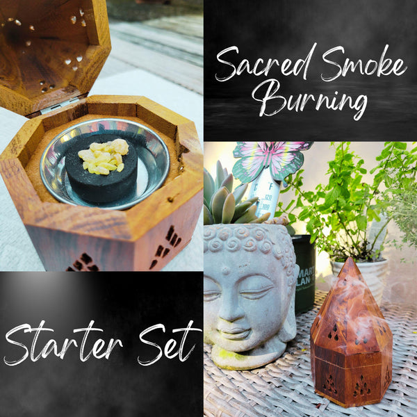 Resin Incense Burner Kit Starter Set, Natural Wood Incense Holder 5.5" ~ Hand-Crafted Incense Burner w/ Copal Resin & Frankincense Resin