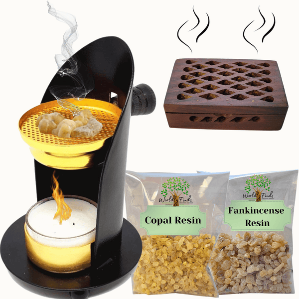 Resin Incense Burner Set – Adjustable, Convenient Charcoal Free Burner & Bonus Diffuser Box, 100% Pure Copal & Frankincense Variety, Resin Burner Kit for Cleansing, Smudging