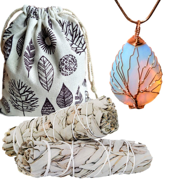 Sage Smudge Sticks Kit & Opal Stone Tree of Life Necklace Set, Smudge Kit, Worldly Finds, Worldly Finds