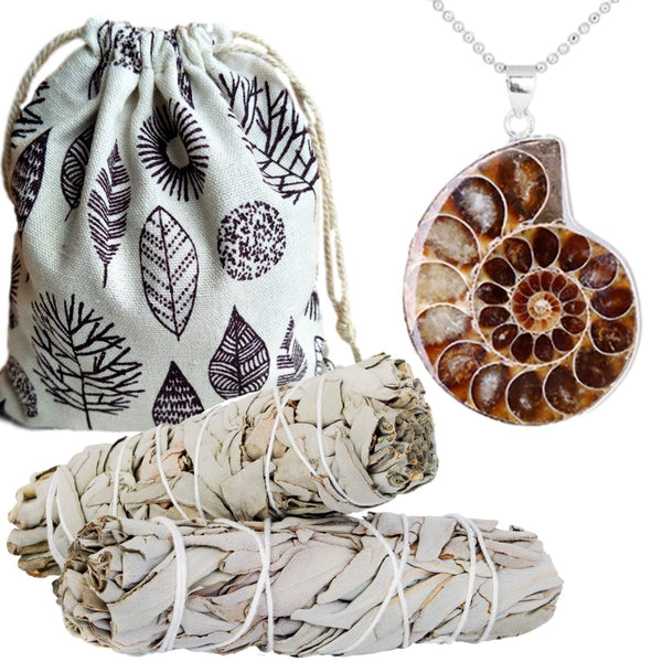 Ammonite Stone Fossil Pendant Necklace and Sage Jewelry Set, Smudge Kit, Worldly Finds, Worldly Finds