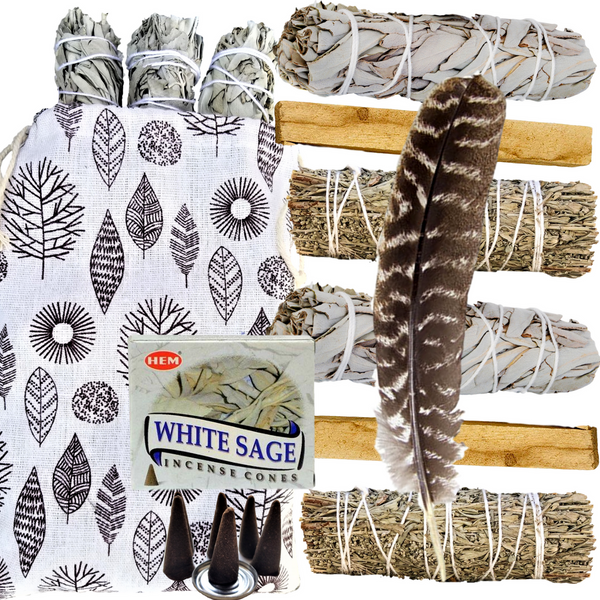Sage Kit - 9 Spiritual Smudge Kit Gifts for Cleansing: White & Blue Sage, Palo Santo,Incense, Smudge Feather, Smudge Kit, Worldly Finds, Worldly Finds