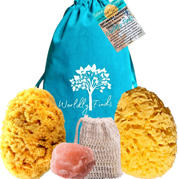 Sea Sponge 5” Natural Bath Sponge Set, Sea Sponges - Organic, Sustainably Hand-Cut, Large Himalayan Salt Chunk, Soap Saver Bag