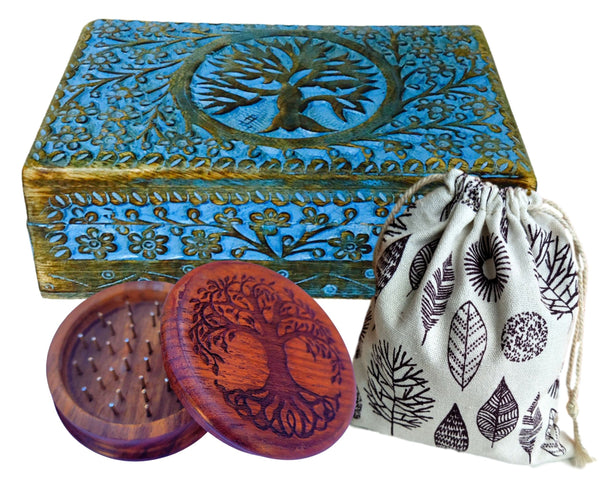 Dry Herb Grinder Storage Box Set Carved Tree of Life Wooden Box Stash Box Gift Set