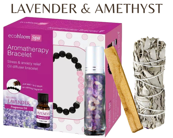 3 Aromatherapy Gift Set Choices! 5 Piece Essentials: Fragrance Oil, Gemstone Roller Bottle, Diffuser Bracelet Set, White Sage, Palo Santo