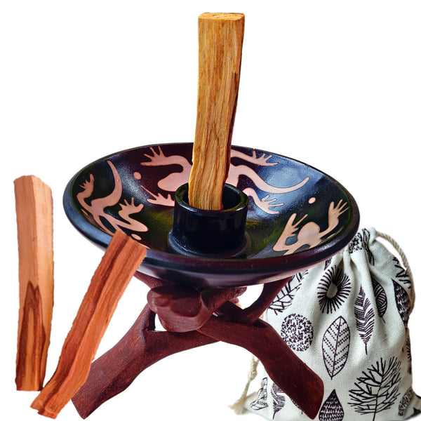 Artisan Palo Santo Sticks Holder w/Stand Gift Set, Smudge Bowl, Hand-Crafted Chulucanas Peruvian Pottery Bowls, Palo Santo, Incense Burning