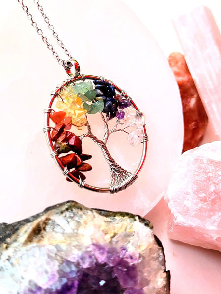 Chakra Tree of Life Crystal Gemstone Necklace w Chakra or Palo Santo Bracelet Choice Gift Boxed