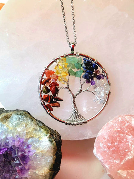 Chakra Tree of Life Necklace w/ Chakra or Palo Santo Bracelet Choice, Hand-Crafted Healing Crystal Pendant Tree Necklace Gift Boxed Set