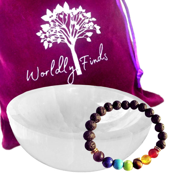 Genuine Selenite Charging Bowl & BONUS Chakra Bracelet - Hand-Carved Crystal Holder