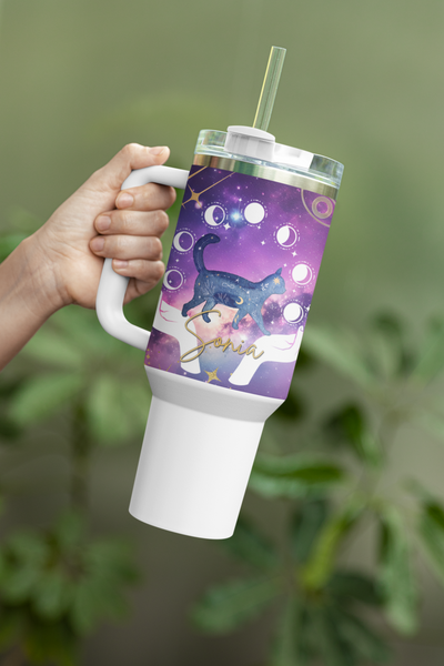 Personalized Celestial Moon Tumbler Custom Name Mystic Gift, Witchy Vibes Magic Tumbler Personalized Name 12 Hr Hot/Cold Stainless Steel Cup Handle and Straw