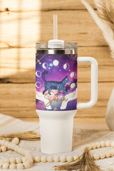 Personalized Celestial Moon Tumbler Custom Name Mystic Gift, Witchy Vibes Magic Tumbler Personalized Name 12 Hr Hot/Cold Stainless Steel Cup Handle and Straw