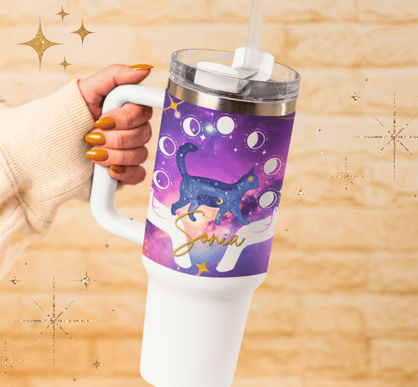 Personalized Celestial Moon Tumbler Custom Name Mystic Gift, Witchy Vibes Magic Tumbler Personalized Name 12 Hr Hot/Cold Stainless Steel Cup Handle and Straw