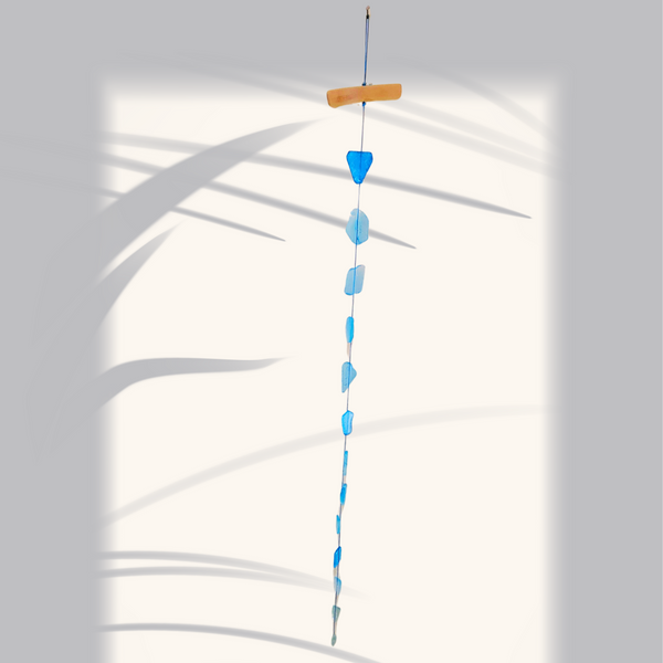 Sea Glass Wall Hanging 35" Seaglass Suncatcher, Handcrafted Driftwood & Blue Sea Glass
