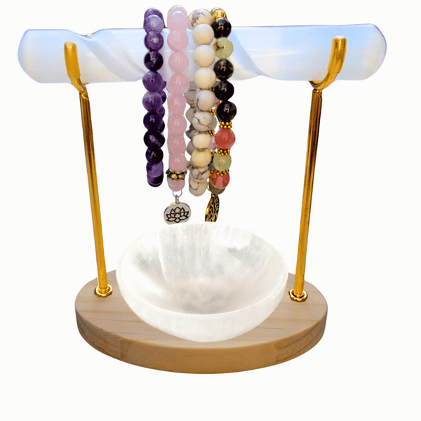 Selenite Bracelet Holder Stand & Selenite Wand & Selenite Bowl Set, Healing Crystal Bracelet Stand Display for Charging, Cleansing