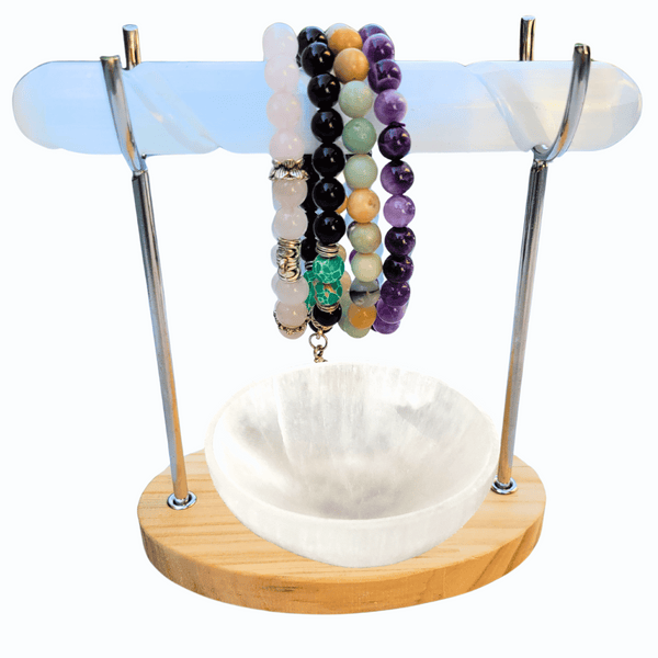 Selenite Bracelet Holder Stand & Selenite Wand & Selenite Bowl Set, Healing Crystal Bracelet Stand Display for Charging, Cleansing
