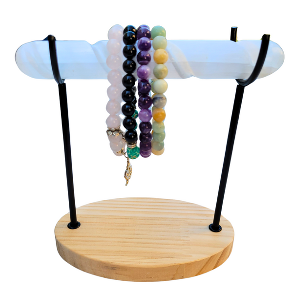 Selenite Bracelet Holder Stand, Spiral Selenite Charging, Cleansing Crystal Bracelet Display Stand, Gold Oval Shape