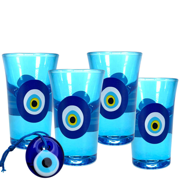 Evil Eye Blue Shot Glasses, 1oz Shot Glasses Set With Glass Handmade Turkish Nazar Amulet Protection Charm Wall Hanging, Unique Shot Glass Set Gift Boxed