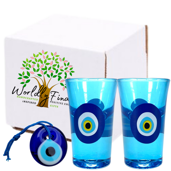Evil Eye Blue Shot Glasses, 1oz Shot Glasses Set With Glass Handmade Turkish Nazar Amulet Protection Charm Wall Hanging, Unique Shot Glass Set Gift Boxed