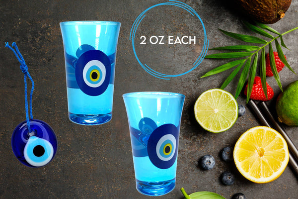 Evil Eye Blue Shot Glasses, 1oz Shot Glasses Set With Glass Handmade Turkish Nazar Amulet Protection Charm Wall Hanging, Unique Shot Glass Set Gift Boxed