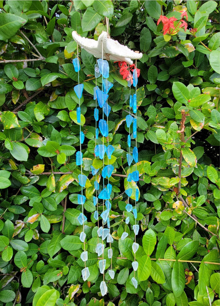 Starfish Decor Sea Glass Wind Chime Hanger, Indoor/Outdoor, Handcrafted Natural Blue Seaglass Windchime, Ocean Coastal Shell Mobile
