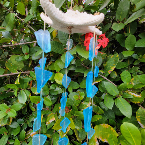 Starfish Decor Sea Glass Wind Chime Hanger, Indoor/Outdoor, Handcrafted Natural Blue Seaglass Windchime, Ocean Coastal Shell Mobile