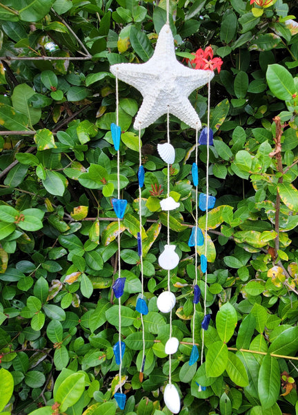 Starfish Seashell & Sea Glass Hanging Wall Art, Handcrafted - Natural Seashells Ocean Coastal Wall Decor, Blue Sea Glass Sun Catcher Hanger