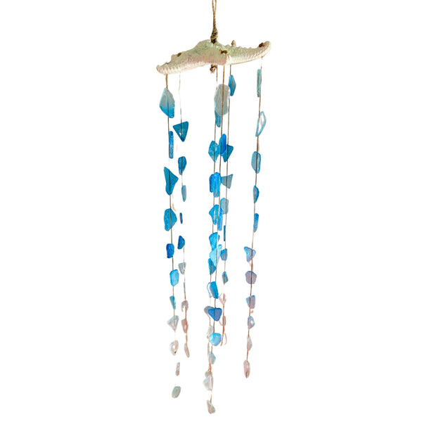 Starfish Decor Sea Glass Wind Chime Hanger, Indoor/Outdoor, Handcrafted Natural Blue Seaglass Windchime, Ocean Coastal Shell Mobile