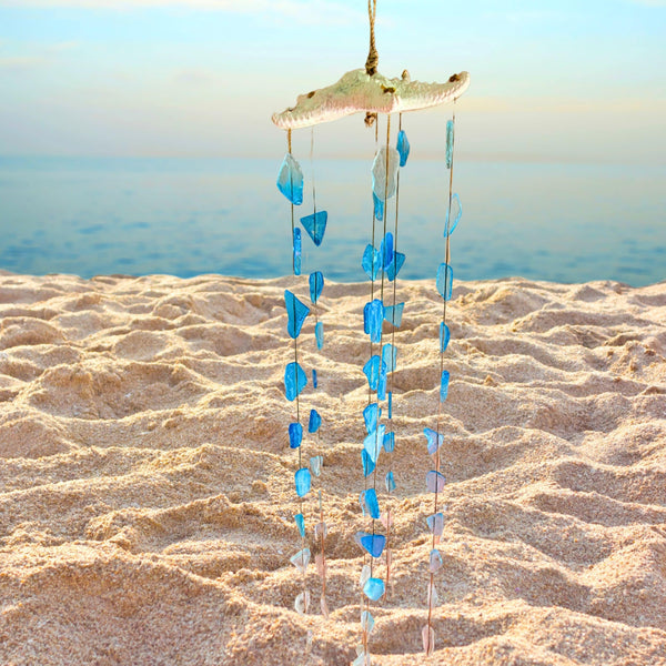 Starfish Decor Sea Glass Wind Chime Hanger, Indoor/Outdoor, Handcrafted Natural Blue Seaglass Windchime, Ocean Coastal Shell Mobile