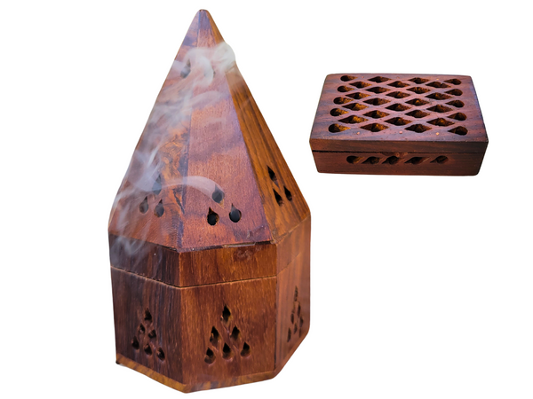 Incense Burner Set, Natural Wood Incense Holder and Diffuser Box ~ Temple Hand-Crafted Incense Holder, Incense Cone Burner and Resin Burner