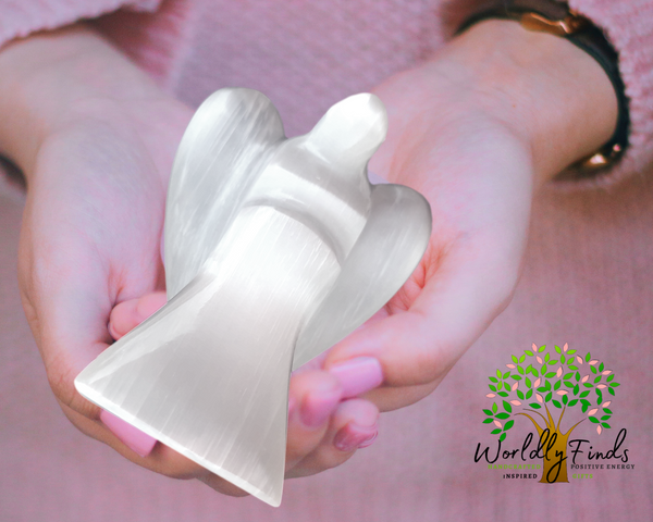 Selenite Crystal Guardian Angel Figurine 4” Size, Carved Crystal Protective Figure