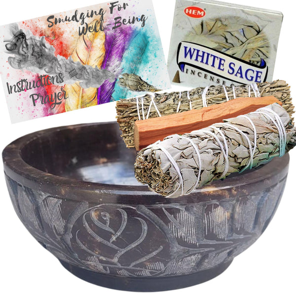 Soapstone Incense Burner Smudge Bowl Sage Smudge Kit for Smudging, Scrying, Cleansing, Burning Sage Kit