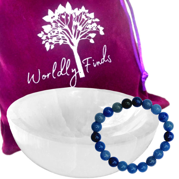 Selenite Charging Bowl & Choice of Healing Stone Bracelet Gift Set- Moroccan Selenite Crystal Holder