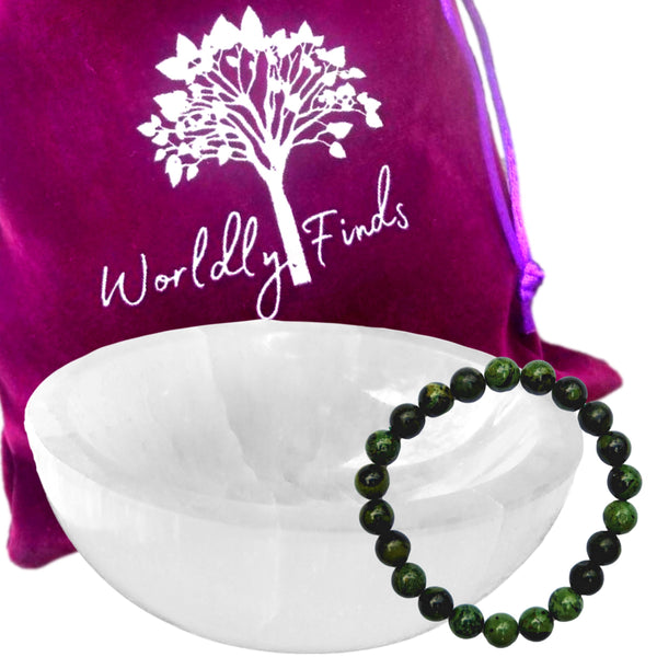 Selenite Charging Bowl & Choice of Healing Stone Bracelet Gift Set- Moroccan Selenite Crystal Holder