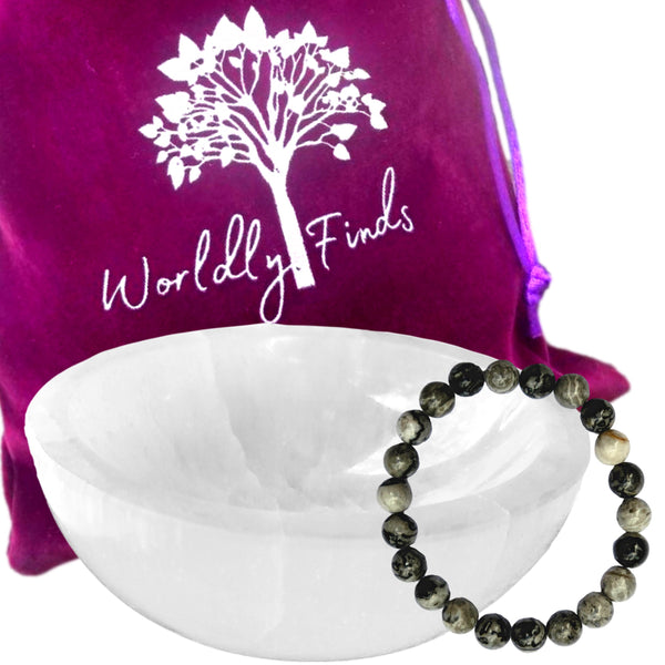 Selenite Charging Bowl & Choice of Healing Stone Bracelet Gift Set- Moroccan Selenite Crystal Holder