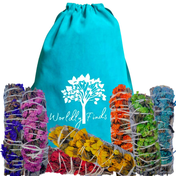 7 Chakra Sinuata Flower White Sage Sticks Set - Cleansing, Balancing, Spiritual Home Blessing Set