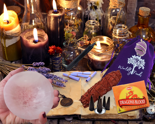 Altar Protection Kit - 11 Pc Wiccan Supplies and Tools w/ Selenite Bowl, Wiccan Decor Set