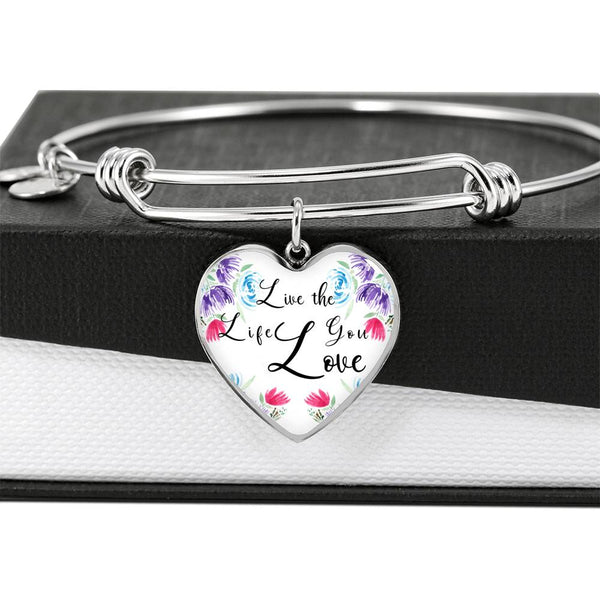 "Live The Life You Love" Heart Pendant Bangle Bracelet, Adjustable