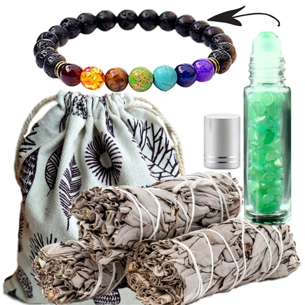Sage Smudge Sticks & 6 Gemstone Choices Crystal Roller Bottle, Chakra Bracelet Gift Set