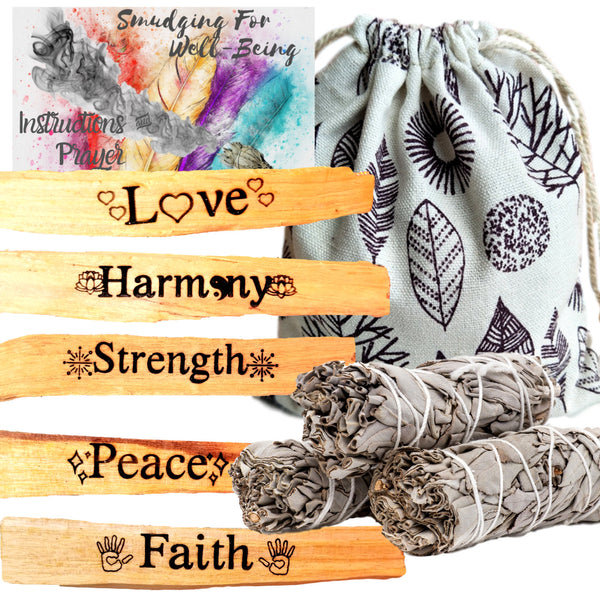 10 PIECE Sage Bundles & Palo Santo Etched Set with Intentions, Ritual Incense Kit,Smudge Prayer Gift Kit - Engraved Palo Santo Holy Wood