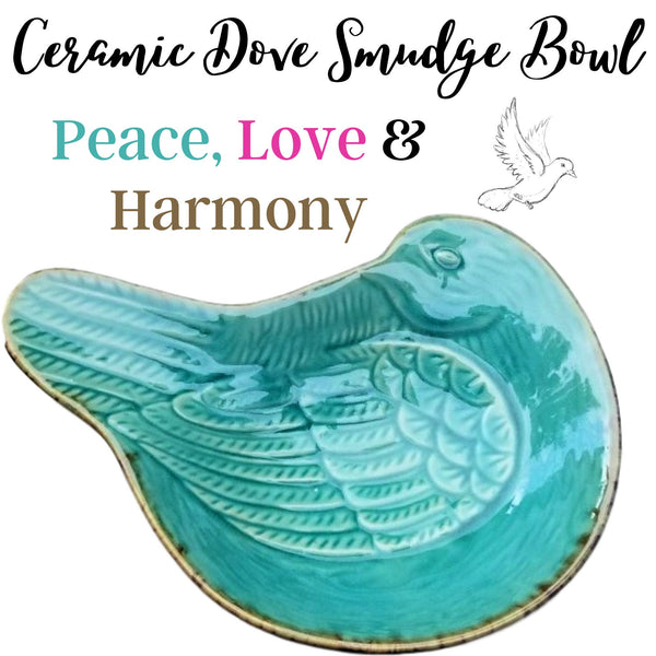 Peace & Harmony Smudge Kit - Ceramic Turquoise Dove Smudge Bowl 8 Gift Smudging Set, Etched Palo Santos, White and Blue Sage w/ Rose Candle
