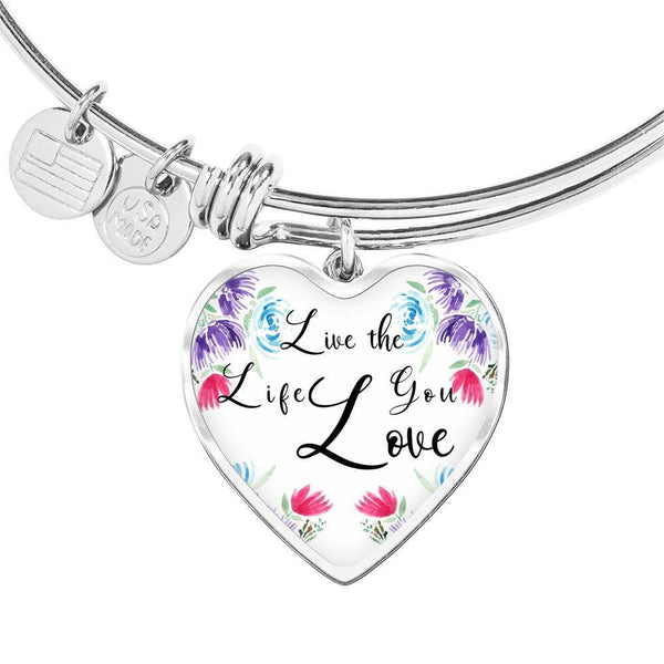 Live The Life You Love Mantra Heart Charm Pendant Bangle Inspirational Bracelet,Adjustable, Love Jewelry, Quote Heart Charm Bracelet Gift