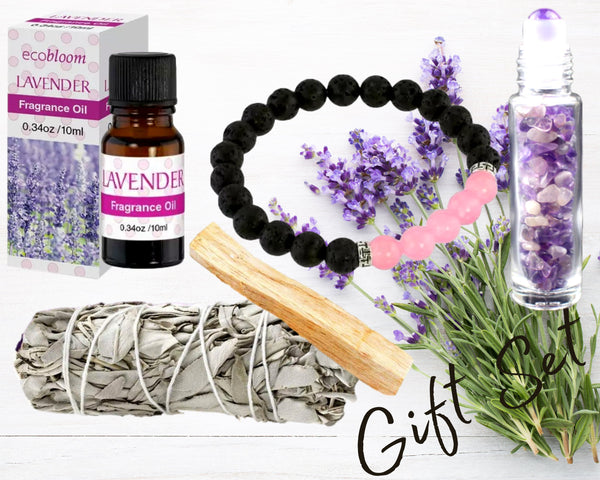 3 Aromatherapy Gift Set Choices! 5 Piece Essentials: Fragrance Oil, Gemstone Roller Bottle, Diffuser Bracelet Set, White Sage, Palo Santo