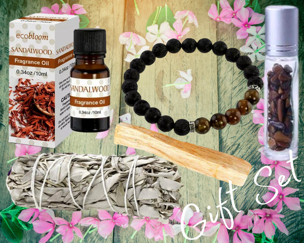 3 Aromatherapy Gift Set Choices! 5 Piece Essentials: Fragrance Oil, Gemstone Roller Bottle, Diffuser Bracelet Set, White Sage, Palo Santo