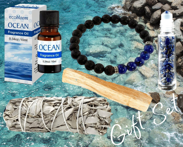 3 Aromatherapy Gift Set Choices! 5 Piece Essentials: Fragrance Oil, Gemstone Roller Bottle, Diffuser Bracelet Set, White Sage, Palo Santo