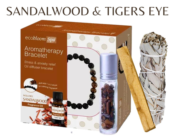 3 Aromatherapy Gift Set Choices! 5 Piece Essentials: Fragrance Oil, Gemstone Roller Bottle, Diffuser Bracelet Set, White Sage, Palo Santo