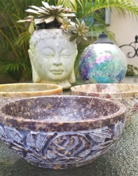 Soapstone Bowl - Natural, Hand Carved, Incense & Smudge Bowl Holder and Scrying Bowl Etched Sage Leaves, Heat Resistant,Burning Sage Display