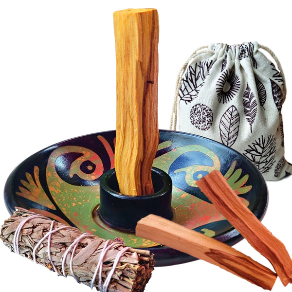 Artisan Palo Santo Sticks Holder Gift Set, Smudge Bowl, Hand-Crafted Chulucanas Peruvian Pottery Bowls for Palo Santo Candle,Incense Burning